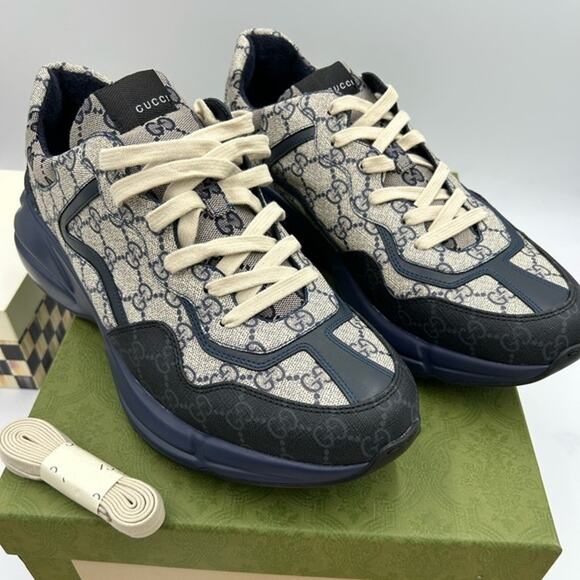 Men's Gucci Rython beige/blue monogram logo sneakers size 13 made in Italy - Picture 1 of 12
